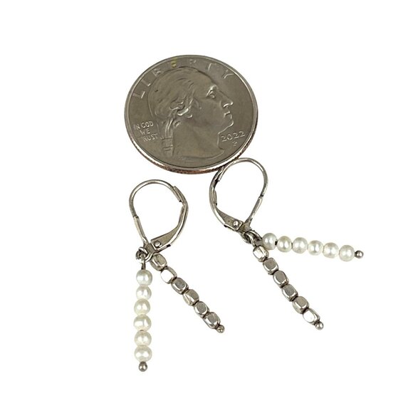 Sterling Silver & Pearl Dangle Earrings With Leverback Closure Vintage - Picture 2 of 8